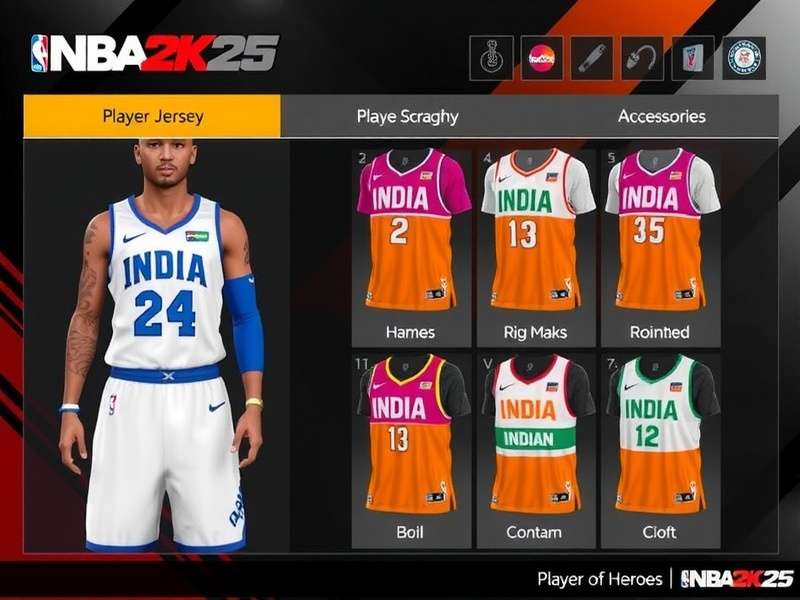 NBA 2K25 Playoff Heroes player customization screen with Indian-themed jerseys and accessories